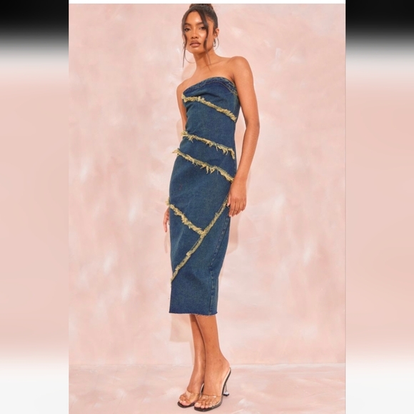 Pretty Little Things Strapless Fringe Seam Midi Denim Dress Size 4 - Picture 2 of 5